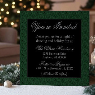 Radiant Damask Christmas Party Invite, Dark Green Invitation