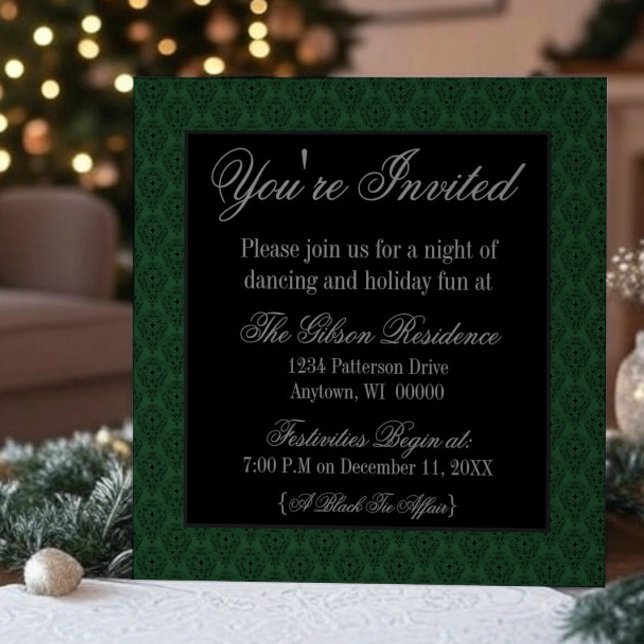Radiant Damask Christmas Party Invite, Dark Green Invitation (Dark Green Radiant Damask Christmas Party Invitation)