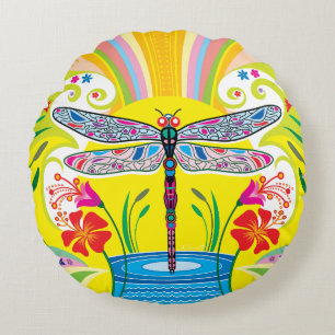Radiant Dragonfly and Wildflowers Round Pillow