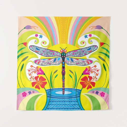 Radiant Dragonfly and Wildflowers Tapestry