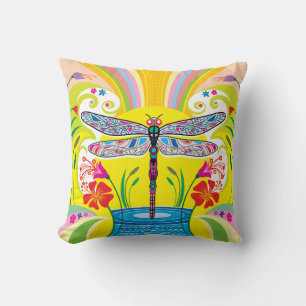 Radiant Dragonfly and Wildflowers Throw Pillow