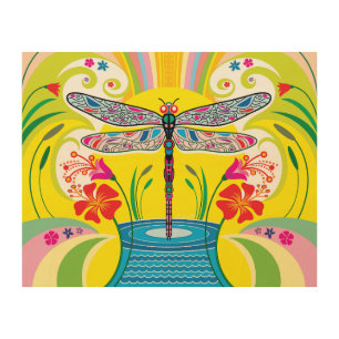Radiant Dragonfly and Wildflowers Wood Wall Art