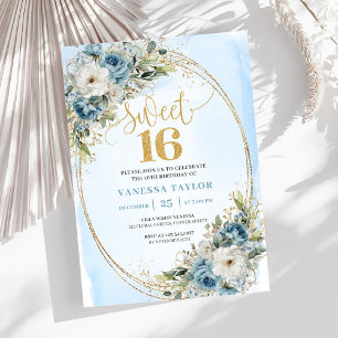 Radiant Dusty Blue Floral Sweet Sixteen Birthday  Invitation