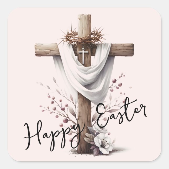Radiant Easter Cross with Floral Accents Square Sticker (Front)
