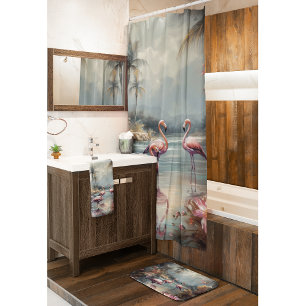 Radiant Flamingo & Water Lily Vintage Romantic Bath Mat