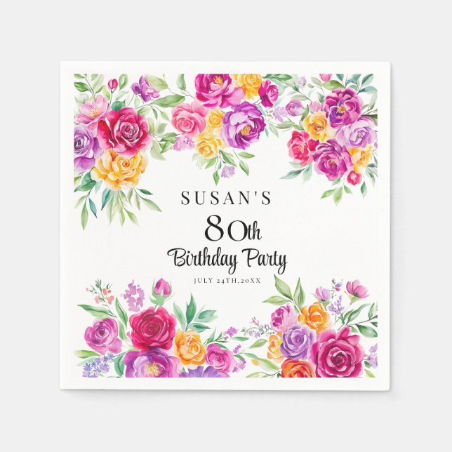 Radiant Floral Greenery 80th Birthday Party  Napkins (Front)