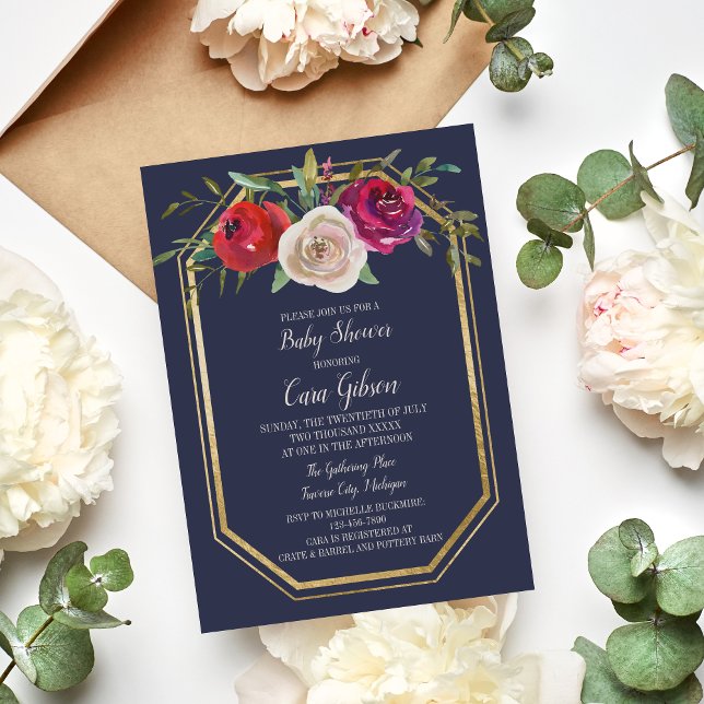 Radiant Floral Navy Blue Burgundy Baby Shower Invitation (Creator Uploaded)