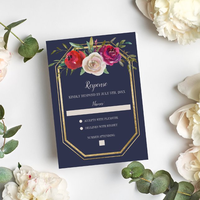 Radiant Floral Navy Blue Burgundy Gold Wedding RSVP Card (Creator Uploaded)