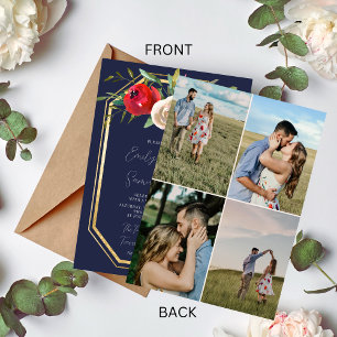 Radiant Floral Navy Blue Burgundy Photo Wedding Invitation
