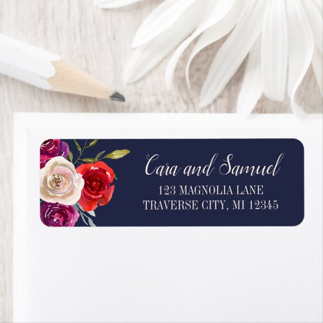 Radiant Floral Navy Blue Burgundy Red Address Label (Insitu)