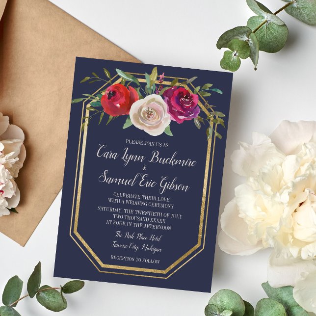 Radiant Floral Navy Blue Burgundy Red Wedding Invitation (Creator Uploaded)