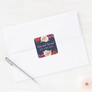Radiant Floral Navy Blue Burgundy Red Wedding Square Sticker