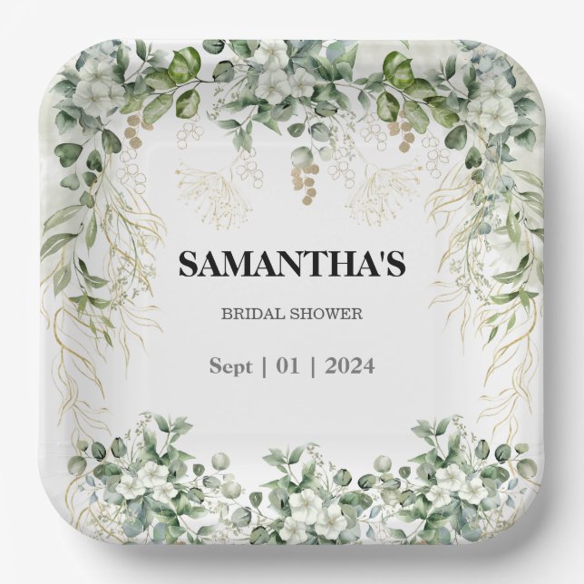 Radiant Garden: Gold-Touched Bridal Shower Paper Plates (Front)