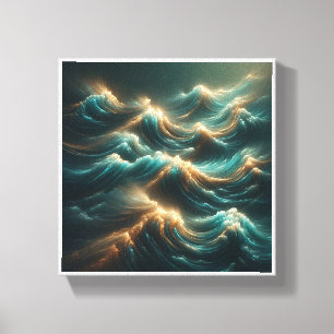 Radiant Glowing Waves - Modern Teal and Gold Ocean Canvas Print