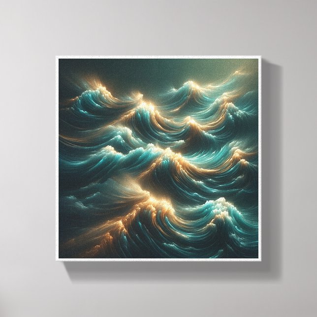 Radiant Glowing Waves - Modern Teal and Gold Ocean Canvas Print (Front)