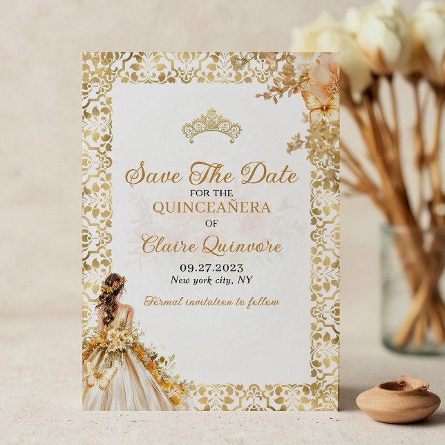 Radiant Gold Floral Quinceanera  Announcement (Creator Uploaded)