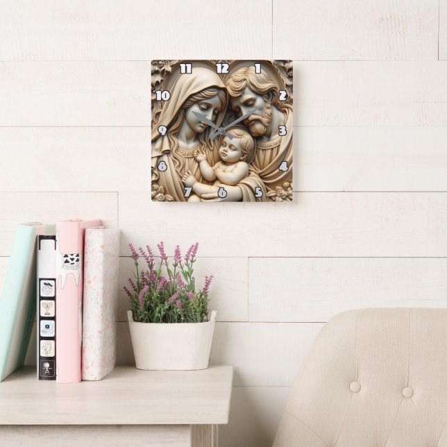 Radiant Golden Holy Family Relief Square Wall Clock (Reading Room)