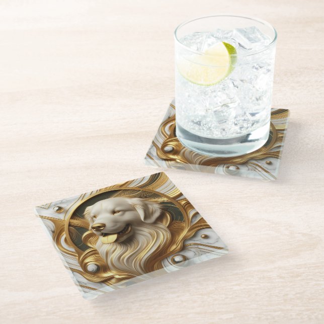Radiant Golden Retriever Marble Glow Glass Coaster (Angled)