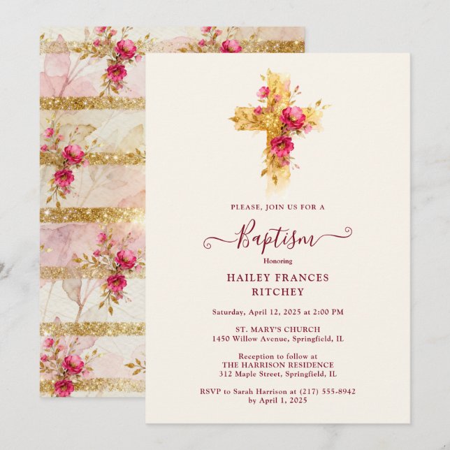 Radiant Golden Sparkle Botanical Cross Baptism Invitation (Front/Back)