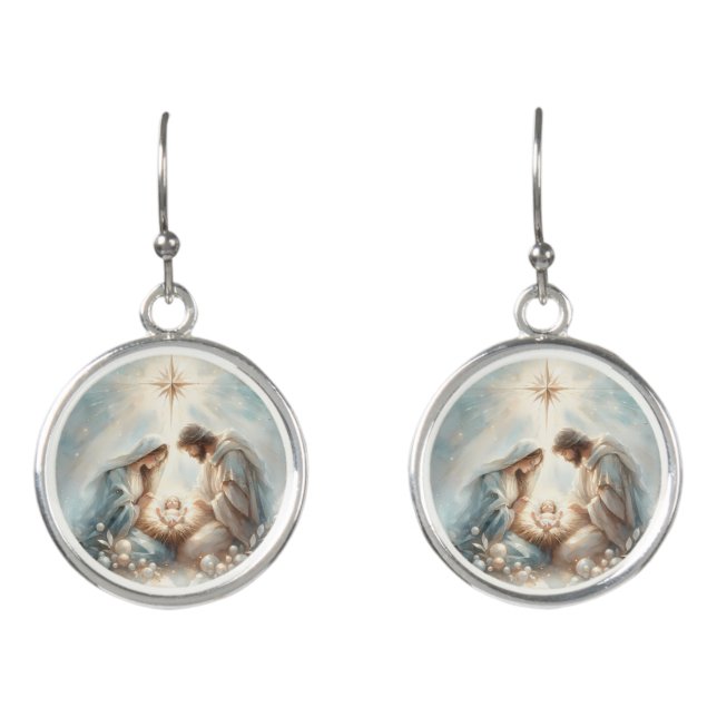Radiant Holy Family Nativity Scene Earrings (Front)