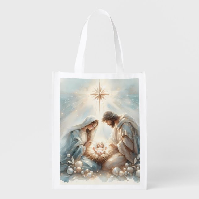Radiant Holy Family Nativity Scene Grocery Bag (Front)