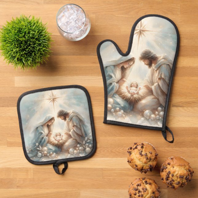Radiant Holy Family Nativity Scene Oven Mitt & Pot Holder Set (Top Down)