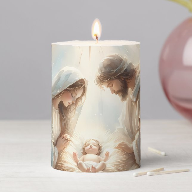Radiant Holy Family Nativity Scene Pillar Candle (In Situ)