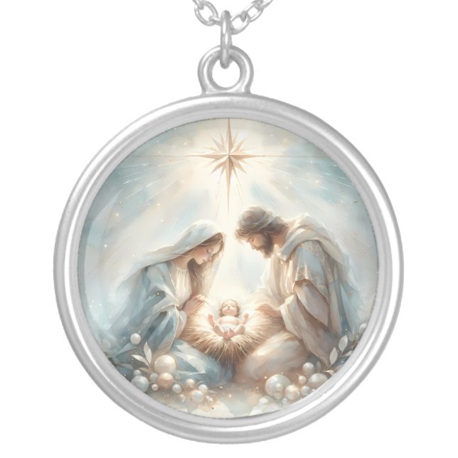 Radiant Holy Family Nativity Scene Silver Plated Necklace (Front)