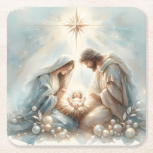 Radiant Holy Family Nativity Scene Square Paper Coaster