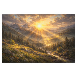 Radiant Horizon: Gilded Sunbeams over Rugged Peaks Metal Print