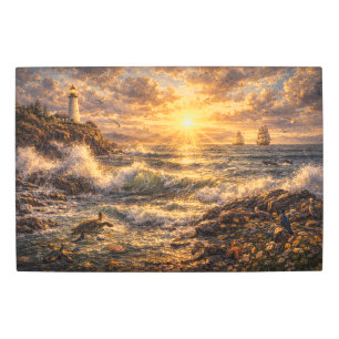 Radiant Horizon: Golden Lighthouse & Sun-Drenched Metal Print