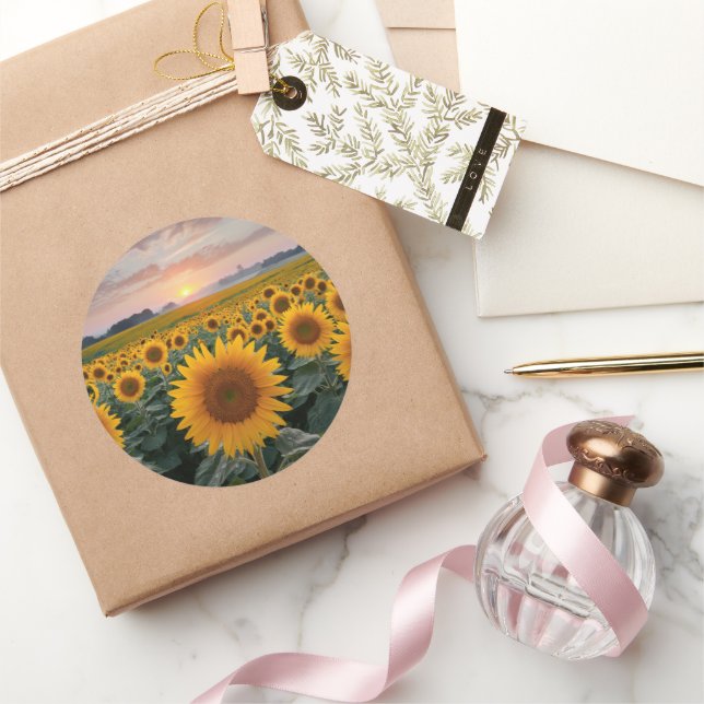 Radiant Horizon: Sunflowers at Dawn Classic Round Sticker (Gifting)