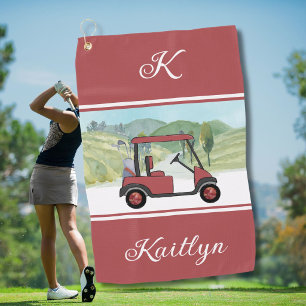 Radiant in Red Golf Gal Cart Monogram Name   Towel