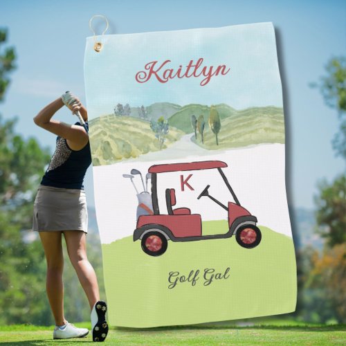 Radiant in Red Scenic Golf Gal Cart Initial Name Towel