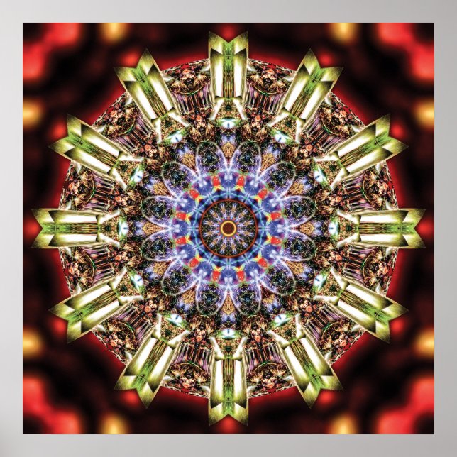 Radiant Kaleidoscopic Mandala in Crimson and Gold Poster (Front)