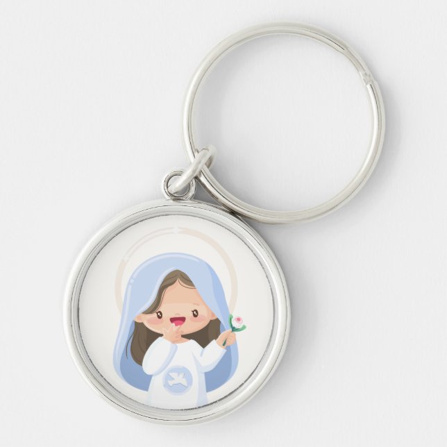 Radiant Kawaii Virgin Mary Holding Flower – White Keychain (Front)