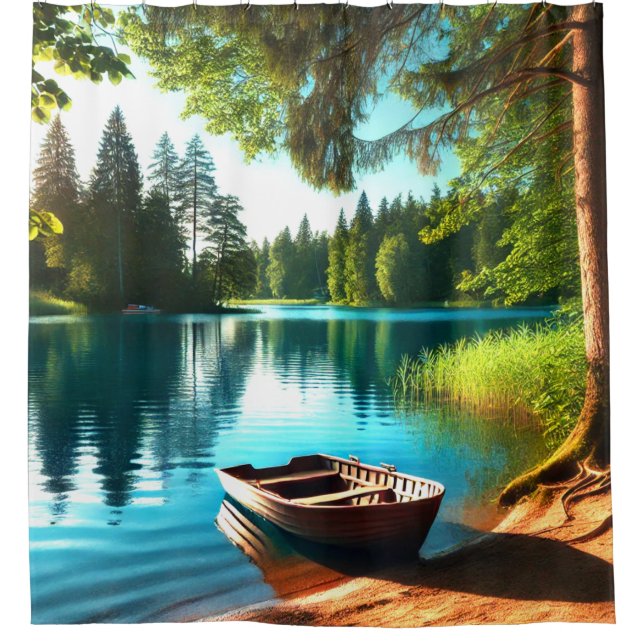 Radiant Lakeside Boat Scene Shower Curtain (Front)