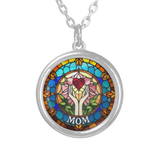 Radiant Love: A Faux Stained Glass Tribute to Mom Silver Plated Necklace