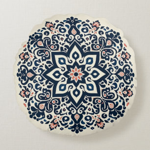 Radiant Mandala in Coral, Navy and White Round Pillow
