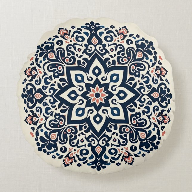 Radiant Mandala in Coral, Navy and White Round Pillow (Front)