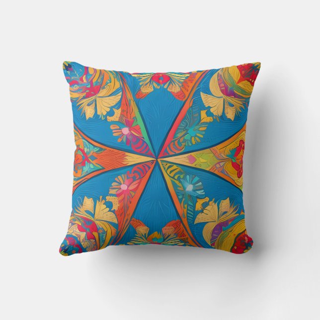 Radiant Mandala: Vibrant Symmetrical Fantasy Art Throw Pillow (Back)