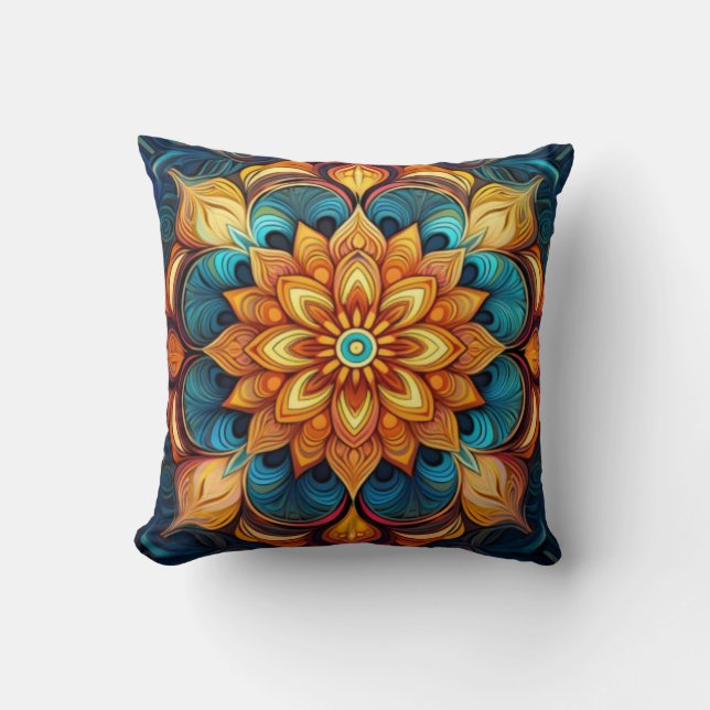 Radiant Mandala with Floral-Inspired Patterns Throw Pillow (Front)
