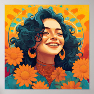 Radiant Mexican-American Woman Floral Portrait Poster