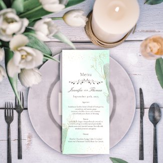 Radiant Mint Green Botanical Glitter Wedding Menu