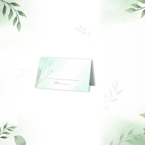 Radiant Mint Green Botanical Glitter Wedding Place Card