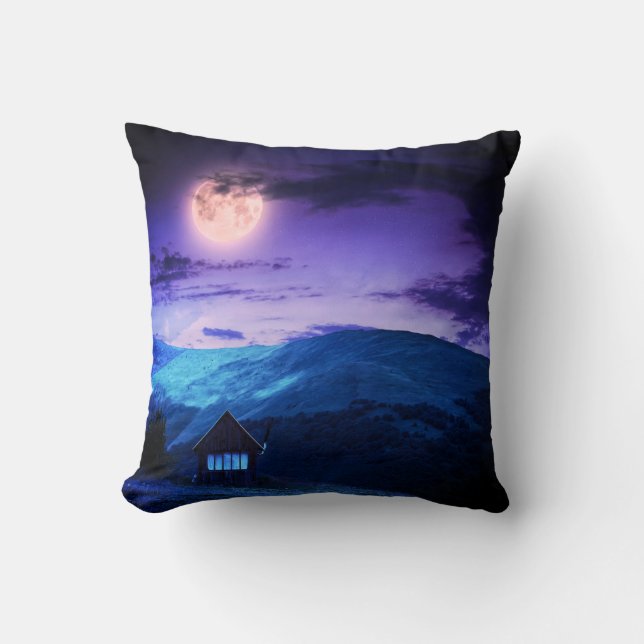Radiant Moonlit Mountain Scene Throw Pillow (Front)