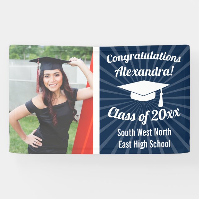 Radiant Navy Blue Custom Photo Graduation Banner (Horizontal)