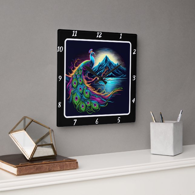 Radiant Neon Peacock  Square Wall Clock (Office)