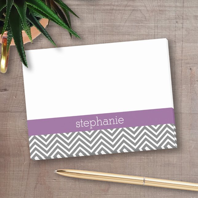 Radiant Orchid and Gray Chevrons Custom Name Post-it Notes (Personalized Post-It Notes - add name or other text)