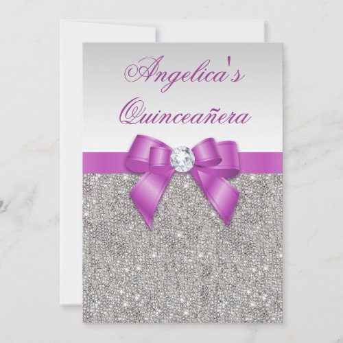 Radiant Orchid Quinceaera Silver Sequins Bow Invitation
